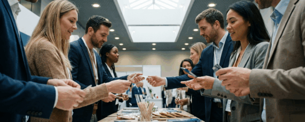 Visiteurs professionnels découvrant des goodies personnalisés sur un stand de salon