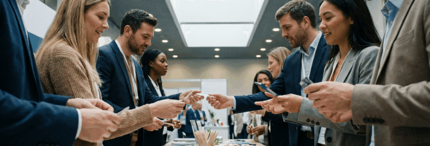 Visiteurs professionnels découvrant des goodies personnalisés sur un stand de salon