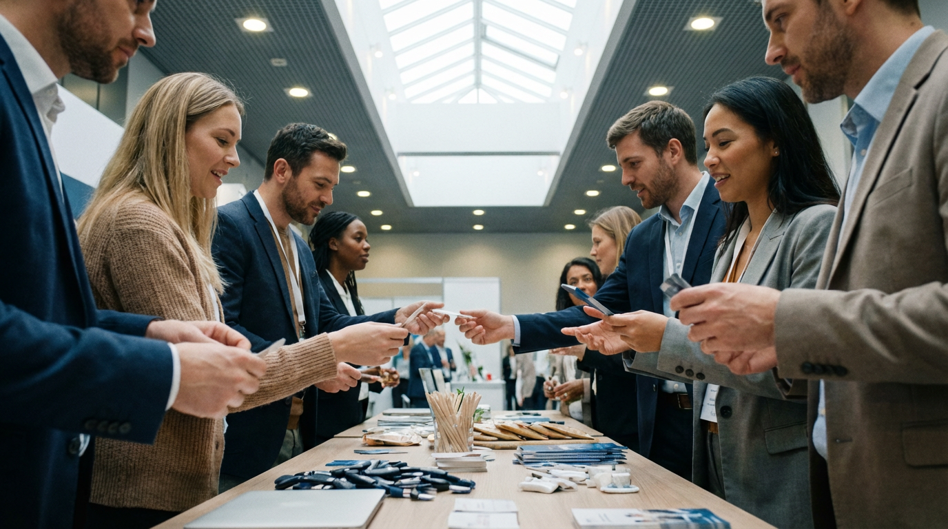 Visiteurs professionnels découvrant des goodies personnalisés sur un stand de salon