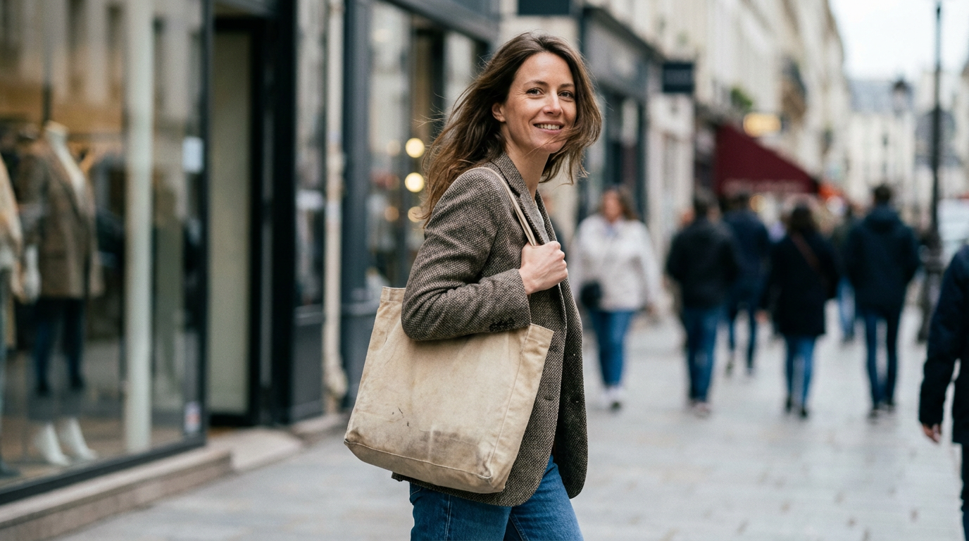 Professionnelle utilisant un tote bag personnalisé dans un contexte urbain quotidien