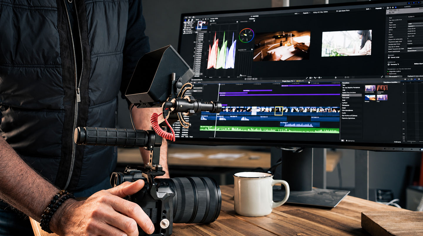 Interface simplifiée d'éditeur vidéo avec glisser-déposer de médias.