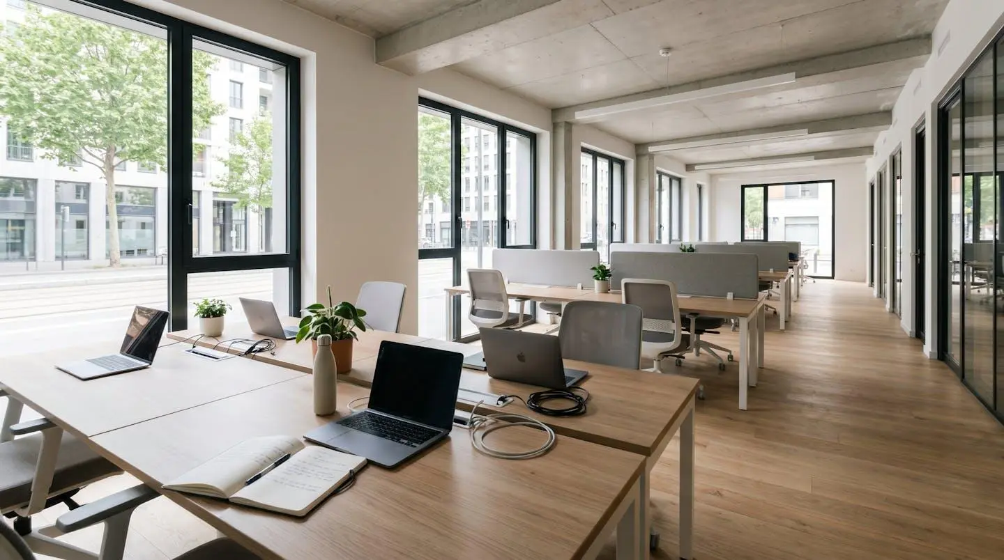 Vue d'ensemble d'un espace de coworking contemporain avec bureaux équipés d'ordinateurs portables, grandes fenêtres et lumière naturelle abondante, personne visible