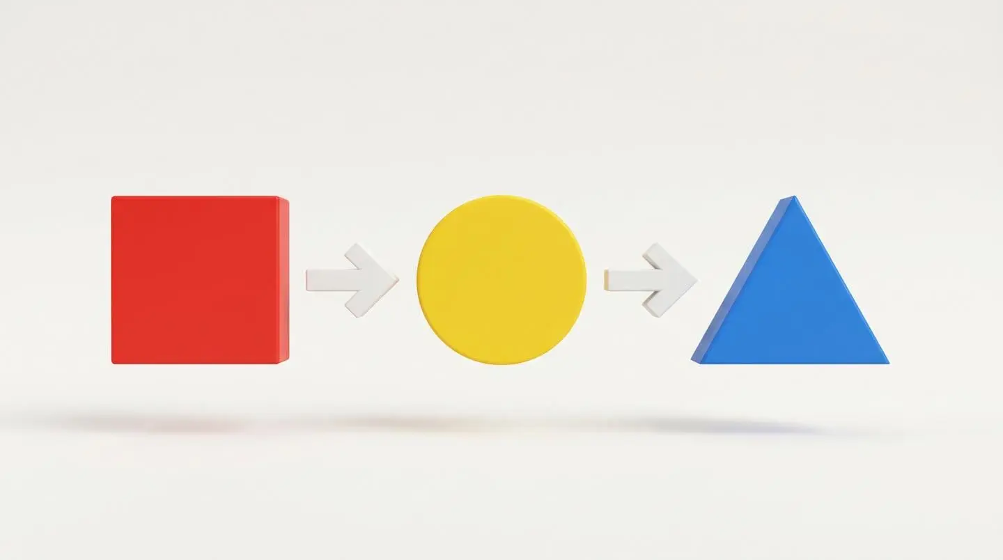Trois formes géométriques colorées représentant la structure narrative d'une vidéo.