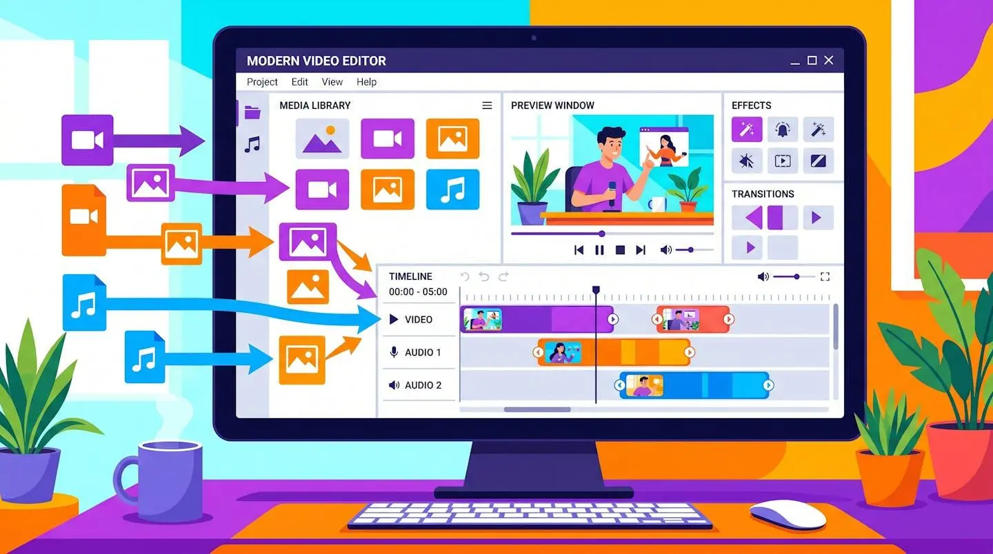 Interface simplifiée d'éditeur vidéo avec glisser-déposer de médias.