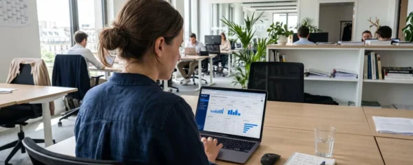 Une responsable marketing consulte des graphiques d'analyse de données sur l'écran de son ordinateur portable dans un bureau lumineux