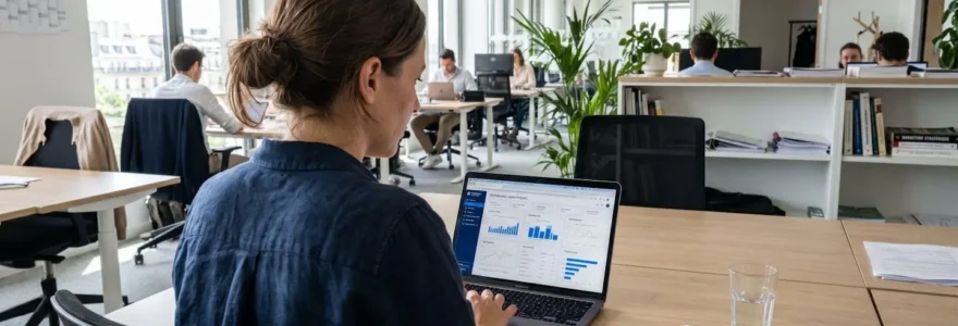 Une responsable marketing consulte des graphiques d'analyse de données sur l'écran de son ordinateur portable dans un bureau lumineux