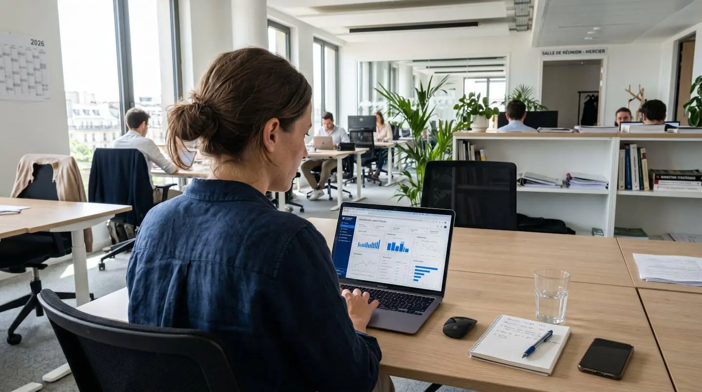 Une responsable marketing consulte des graphiques d'analyse de données sur l'écran de son ordinateur portable dans un bureau lumineux