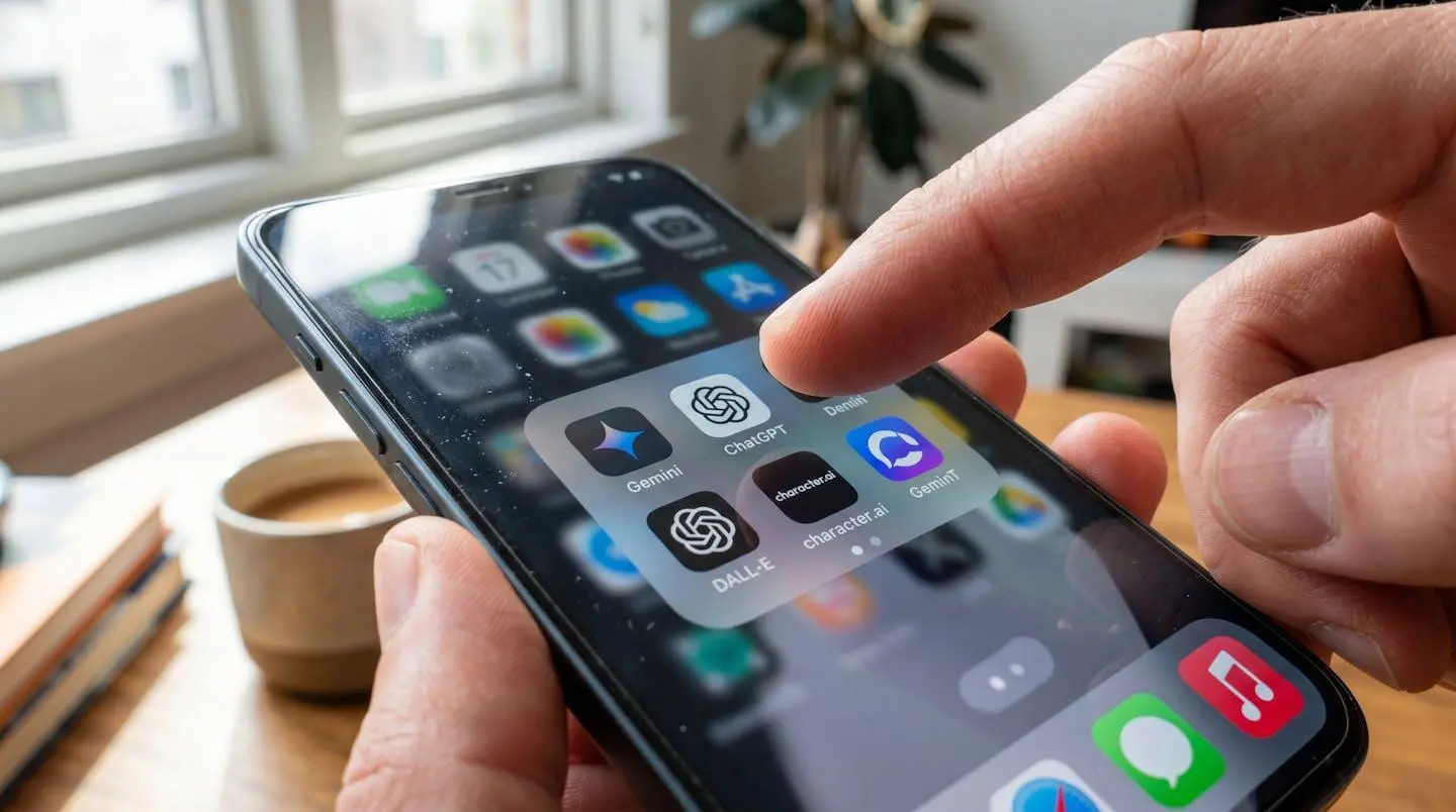 Gros plan sur un écran de smartphone affichant plusieurs icônes d'applications d'intelligence artificielle, avec un doigt sur le point de sélectionner une application