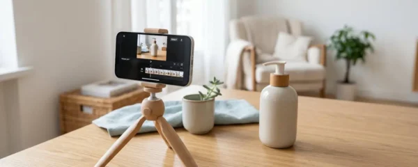 Smartphone sur trépied filmant un produit, écran affichant un logiciel de montage.