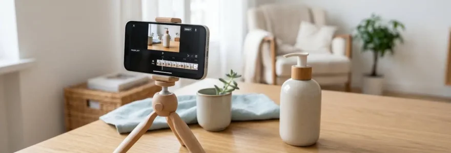 Smartphone sur trépied filmant un produit, écran affichant un logiciel de montage.