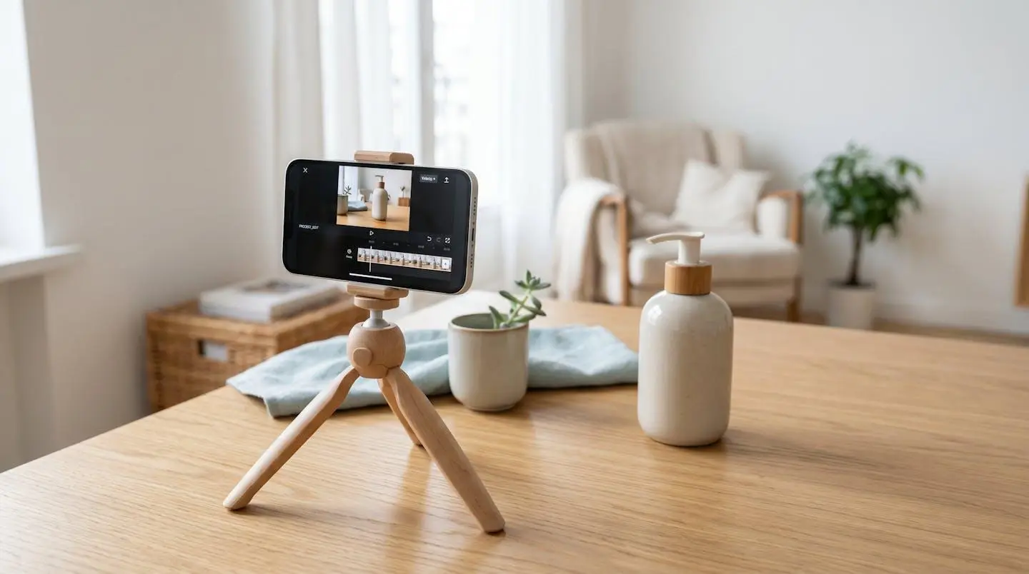 Smartphone sur trépied filmant un produit, écran affichant un logiciel de montage.